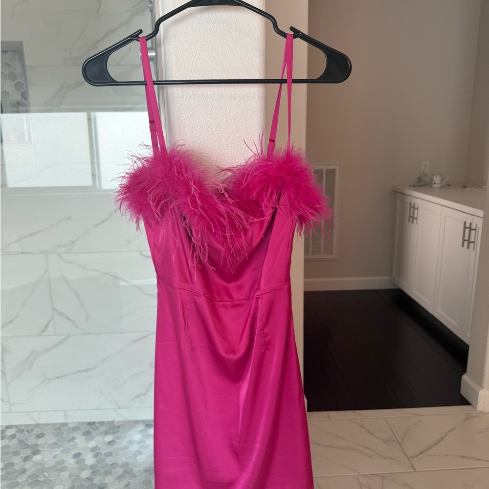 White Fox Boutique Pink Feather Trim Mini Dress